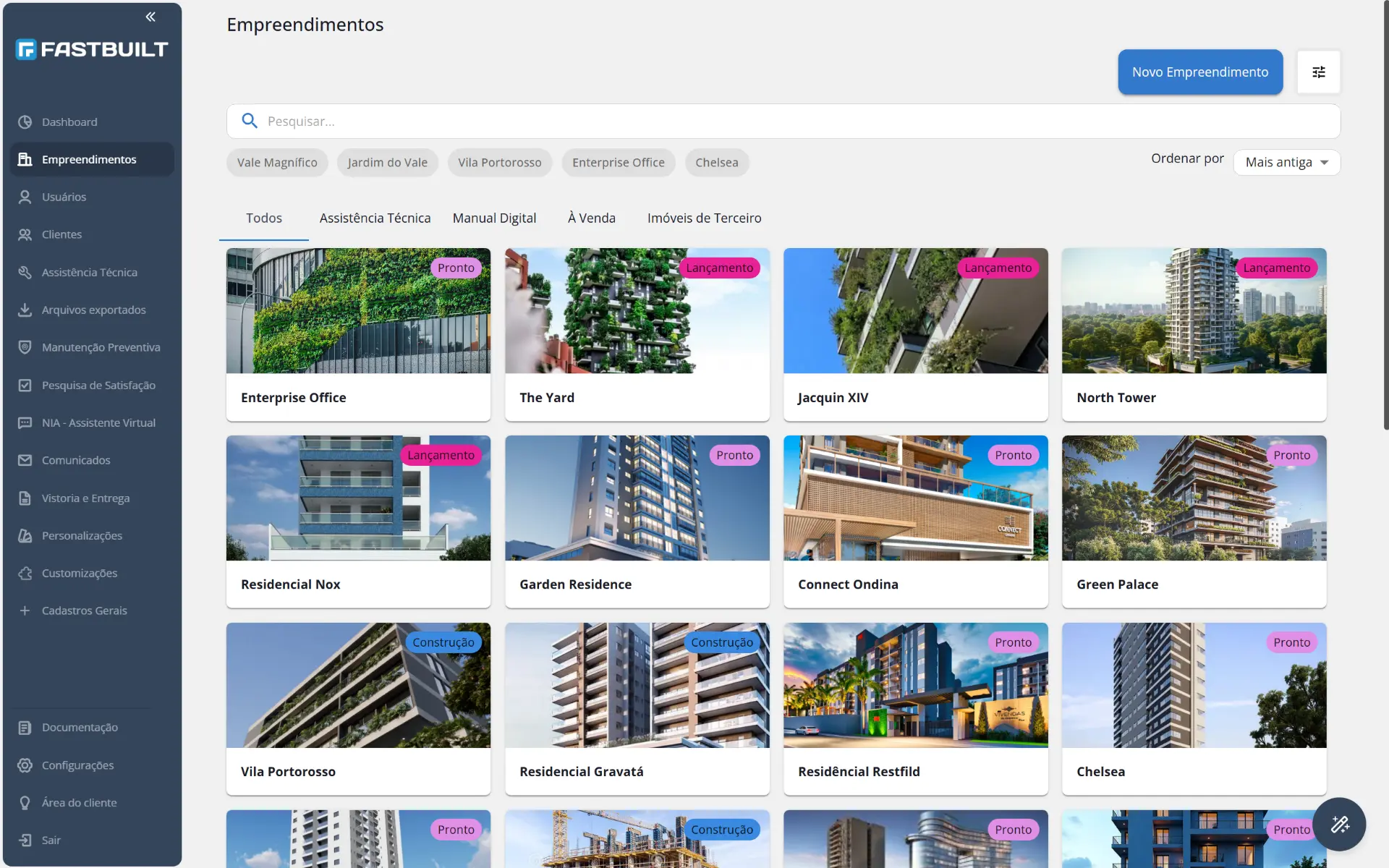 Tela de empreendimentos da plataforma FastBuilt