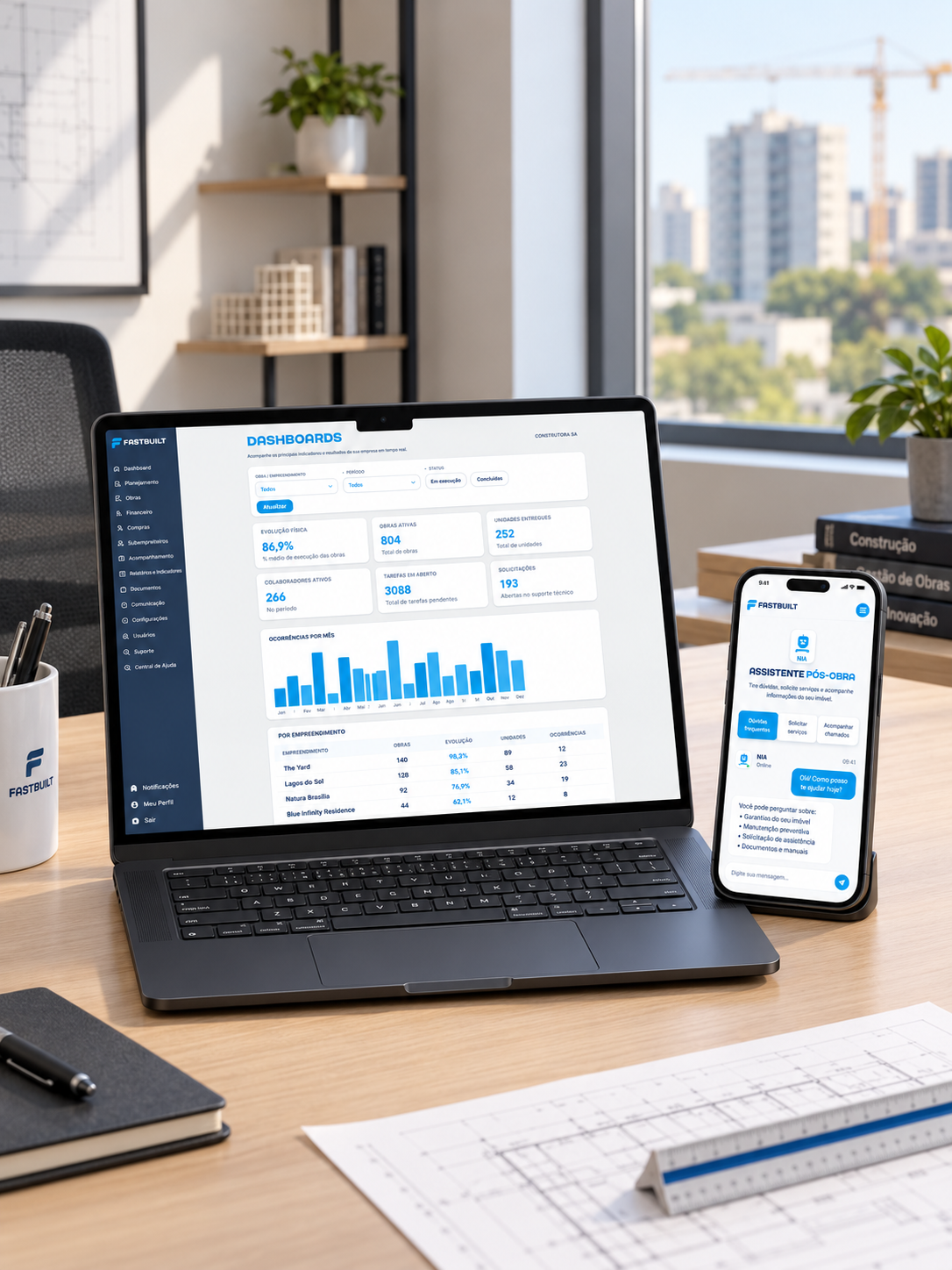 NIA FastBuilt — dashboard de métricas de deflexão de chamados no computador e assistente pós-obra no celular
